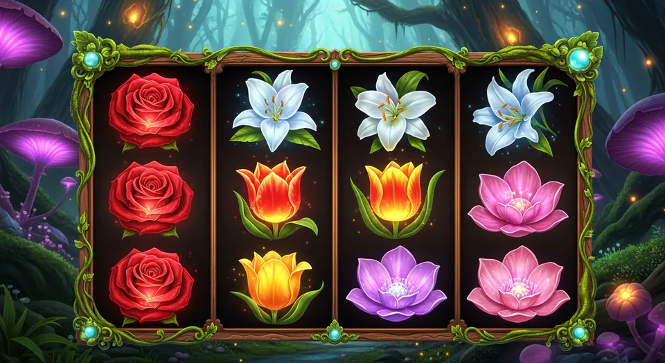 The Bloom Reels game interface, featuring floral symbols.